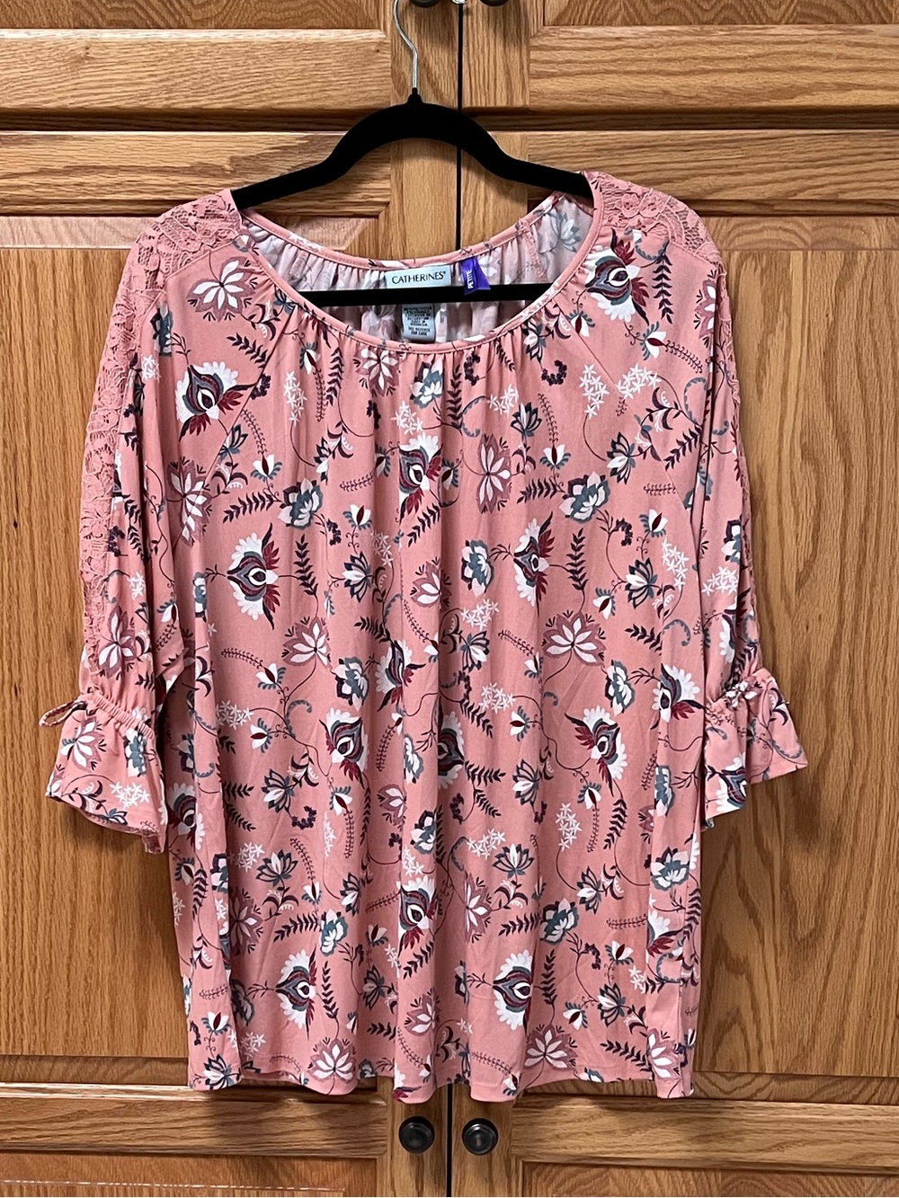 Catherines Pink Floral Lace-Trim Blouse, EUC, Size 14/16 WP